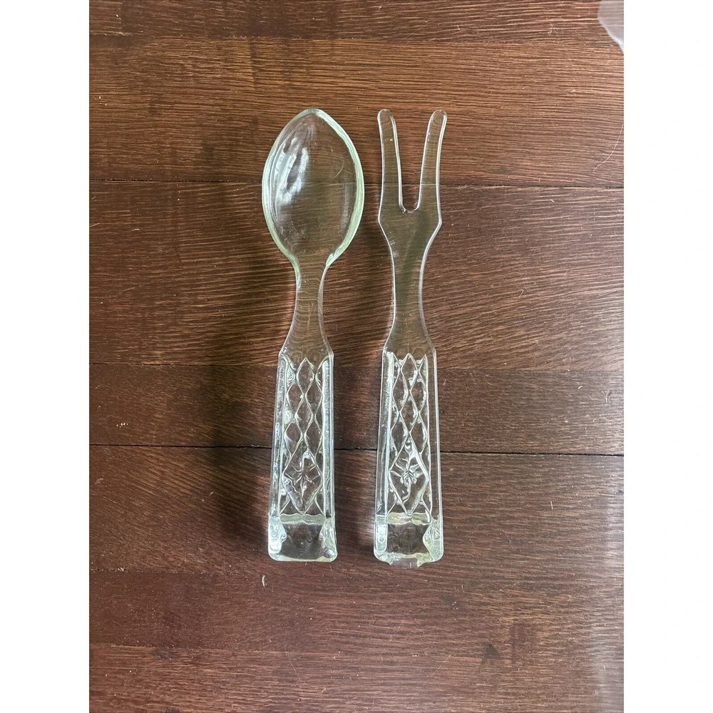 Vintage Embossed Glass Salad Spoon And Fork Serving Set Dinner Holiday‎ Clear